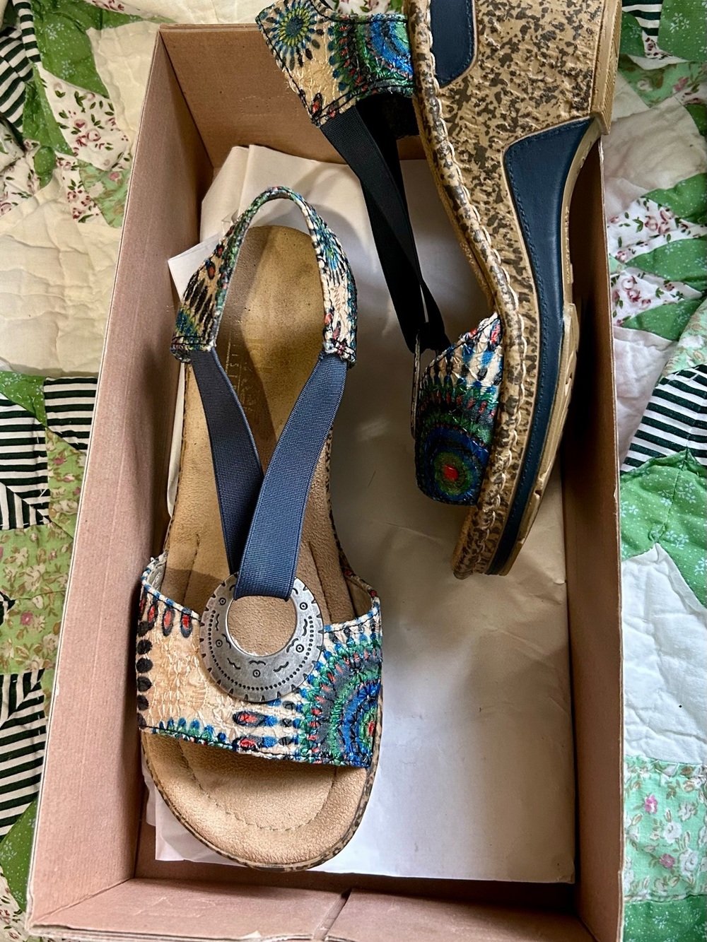Rieker 37 Women's Remonte Denimembroidered wedge sandal silver 60682 navy strap - Picture 3 of 10